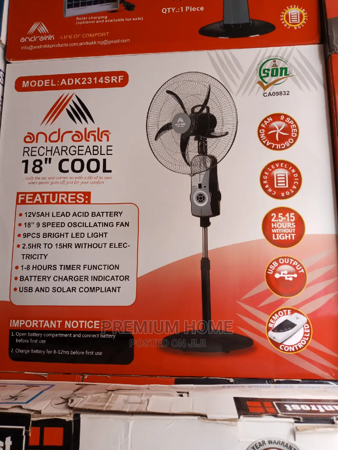 Andakk Rechargeable Standing Fan 18 Inches COOL