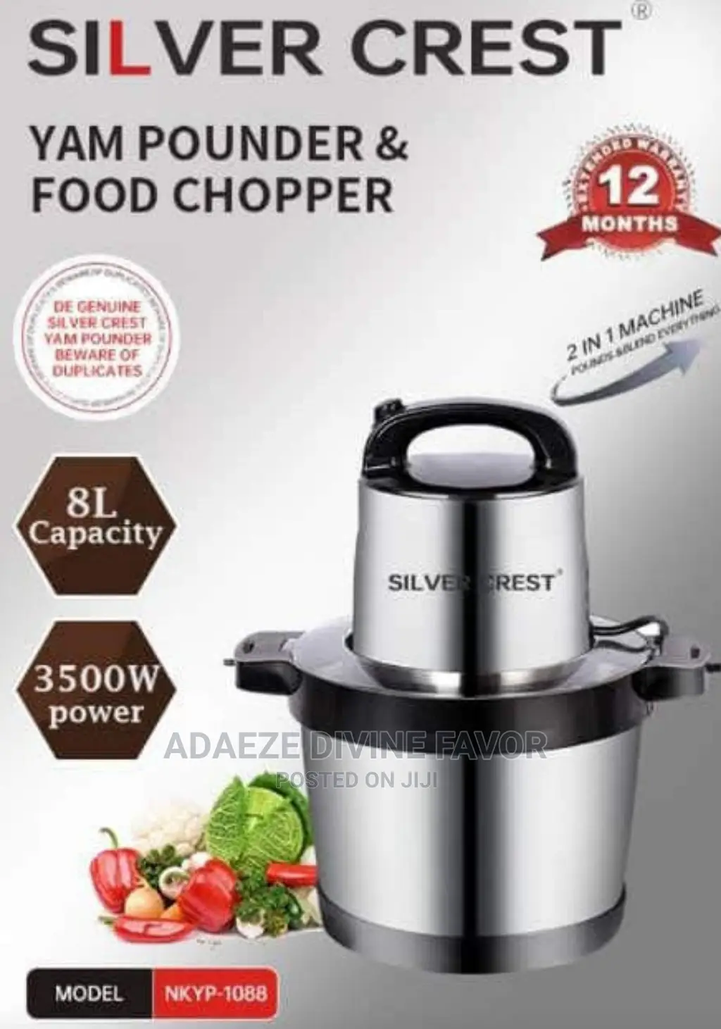 Silver Crest Yam Pounder and Food Chopper 8L 3500W