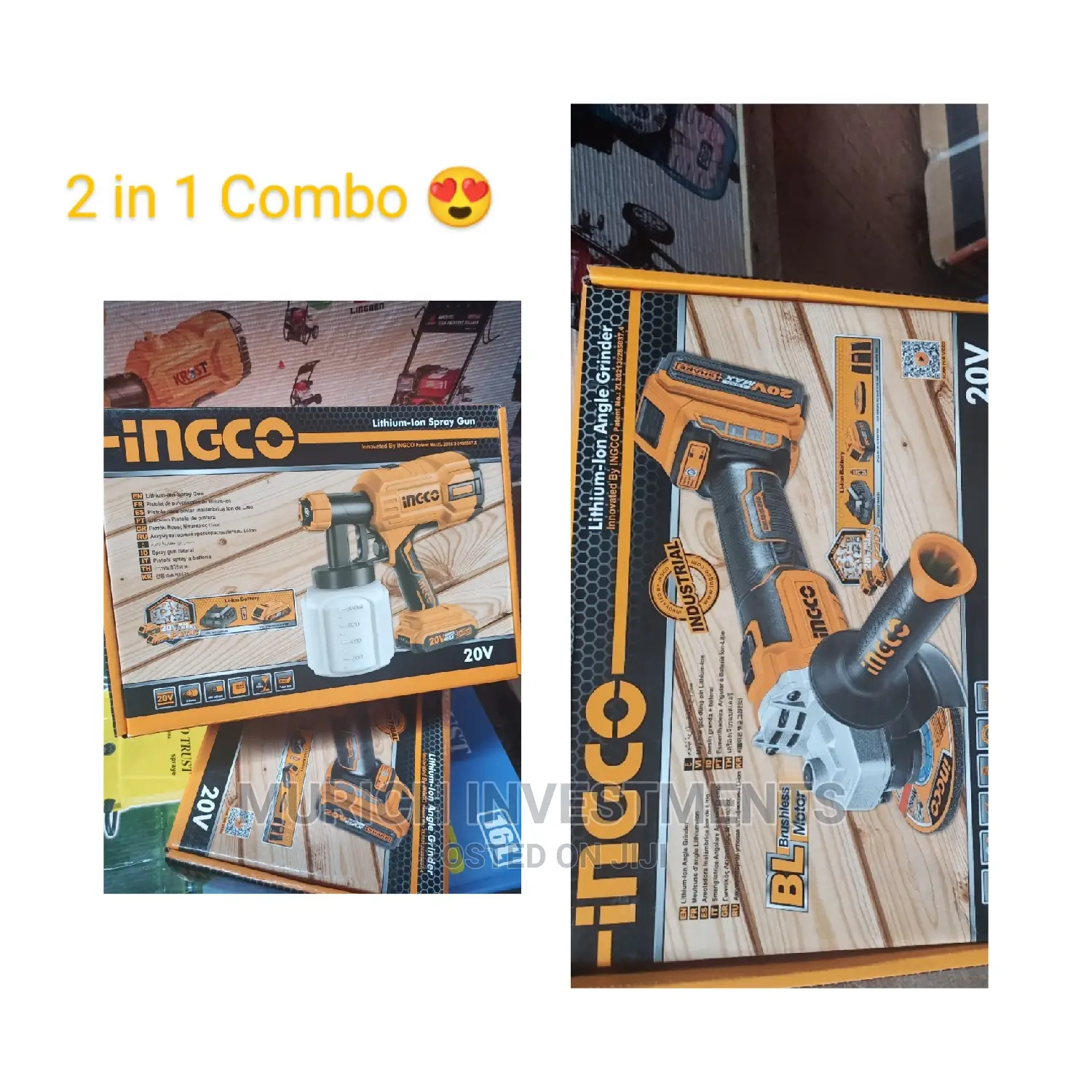 Ingco Combo Wireless Spray Gun and Grinder With 4 Batteries