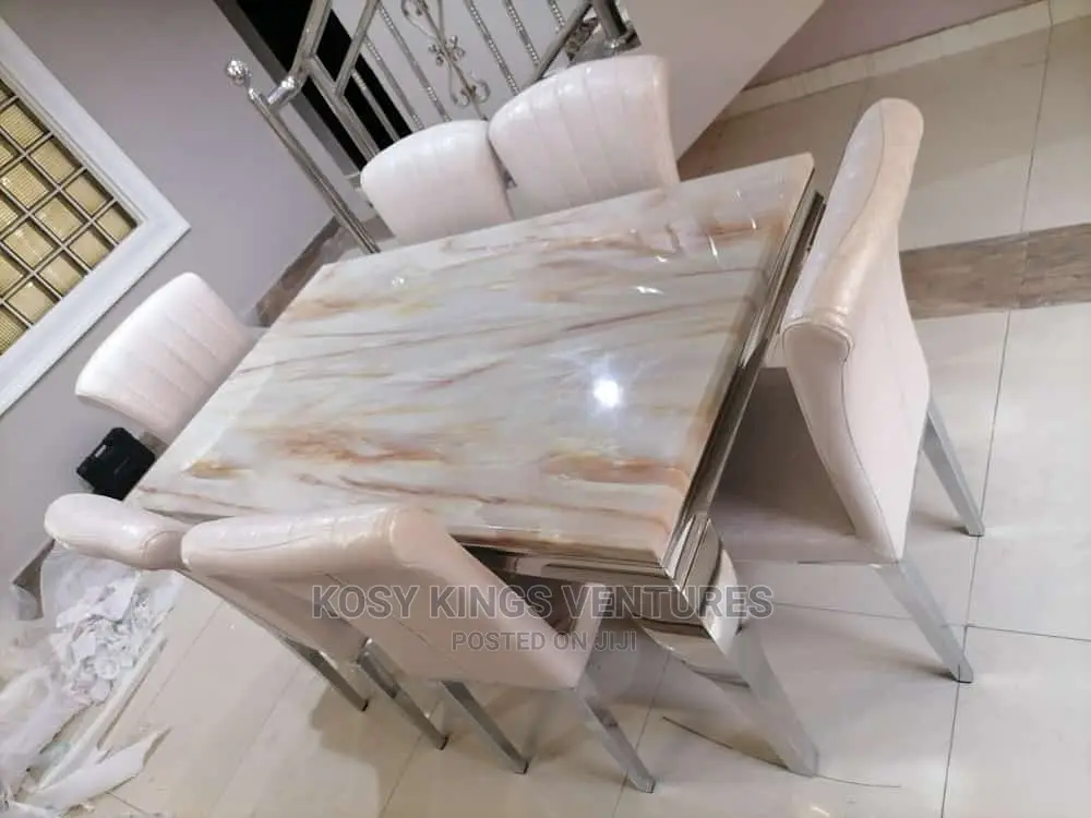 High Quality Marble Dinning Table With Six Leather Chairs