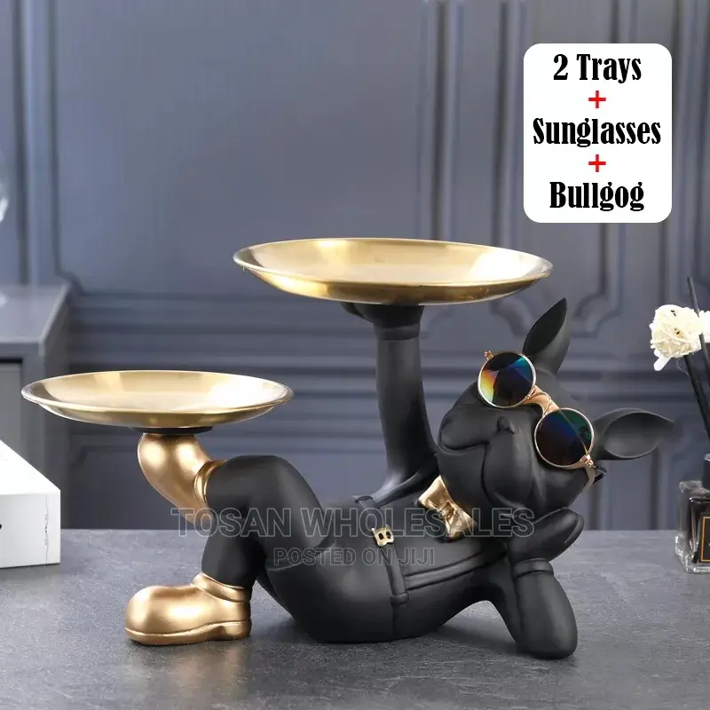 Bulldog Statue Deco With Metal Tray