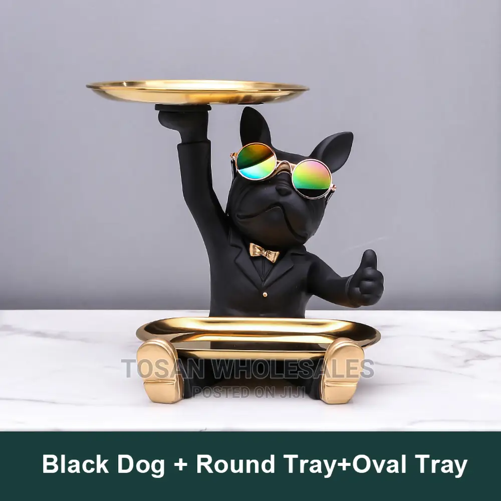 Decorative Bulldog Statue With Oval Tray