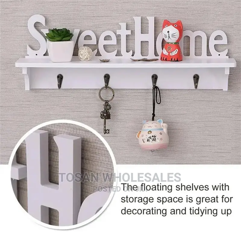 Sweet Home Design Key Holder Wooden Wall Shelf - White