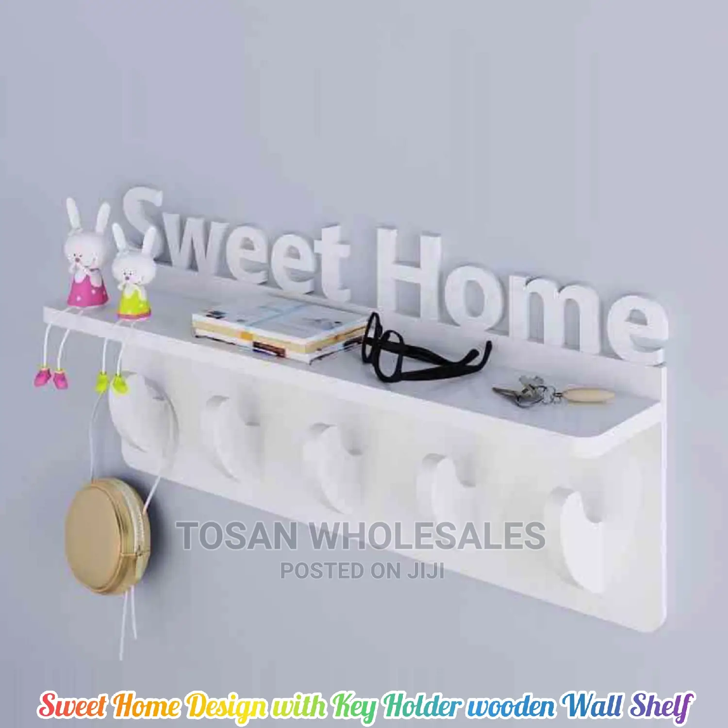 Sweet Home Design Key Holder Wooden Wall Shelf - White