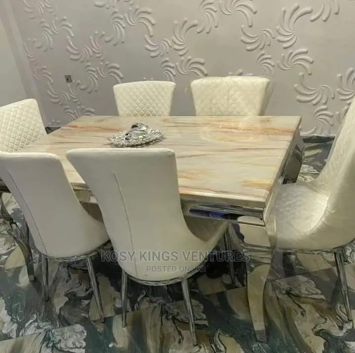 Marble Dinning Table With Six Quality Leather Chairs