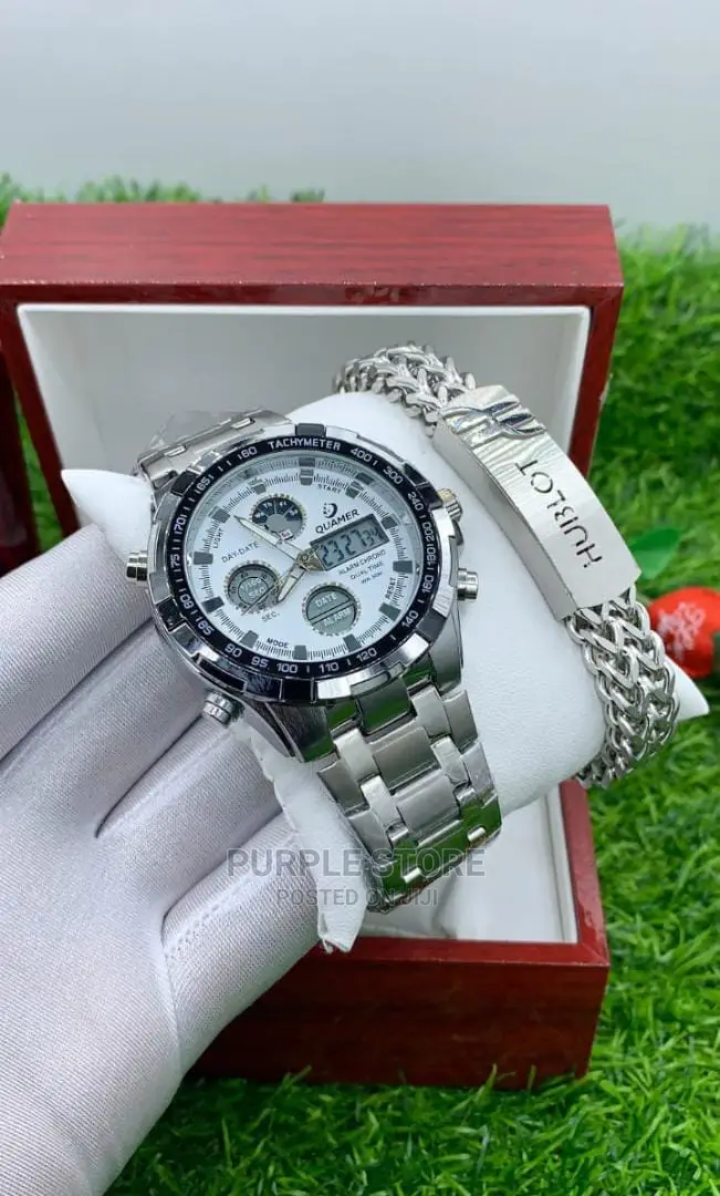 Quamer Digital and Analog Silver Watch and Bracelet Set
