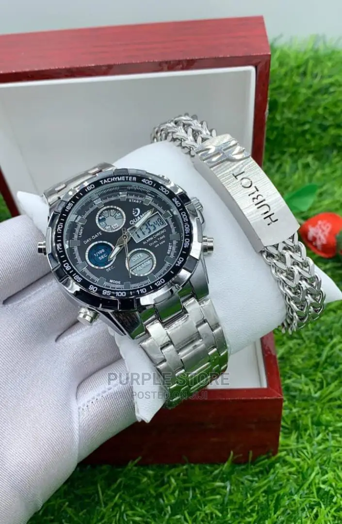 Quamer Digital and Analog Silver Watch and Bracelet Set
