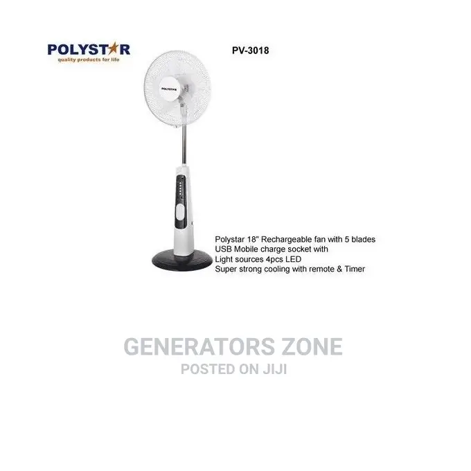 Polystar 18'' Rechargeable Fan With 5 Blades, Usb Port