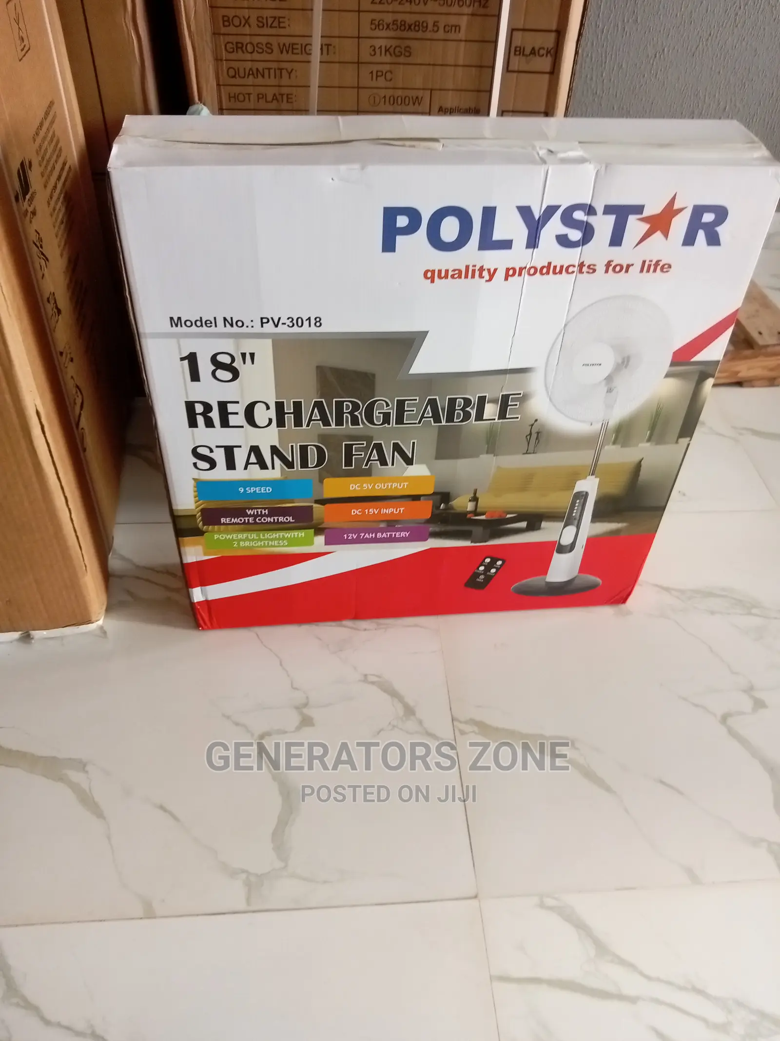 Super Cooling 18'' Polystar Rechargeable Stand Fan+Remote