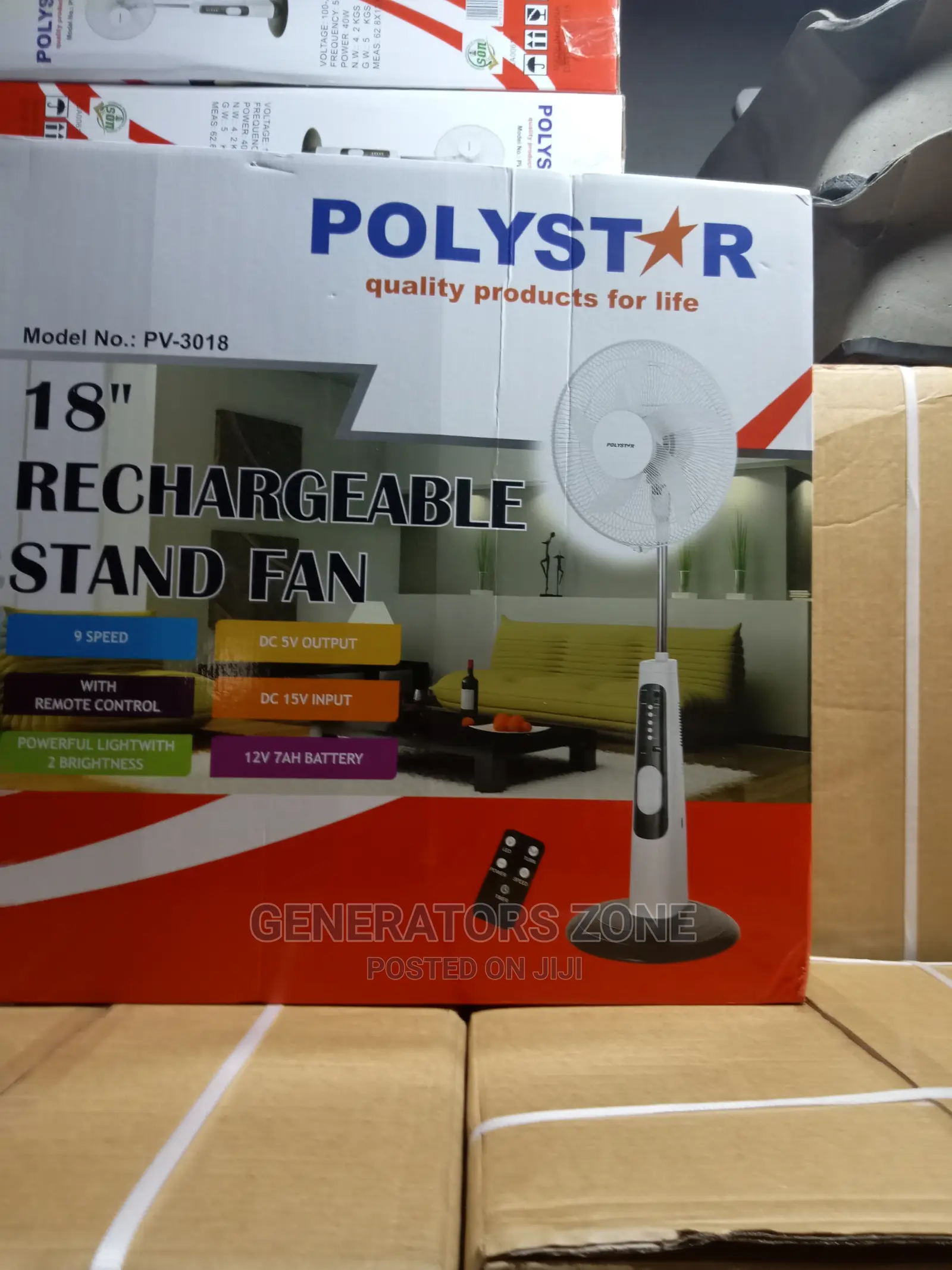 Polystar 18'' 5 Blades Rechargeable Standing Fan