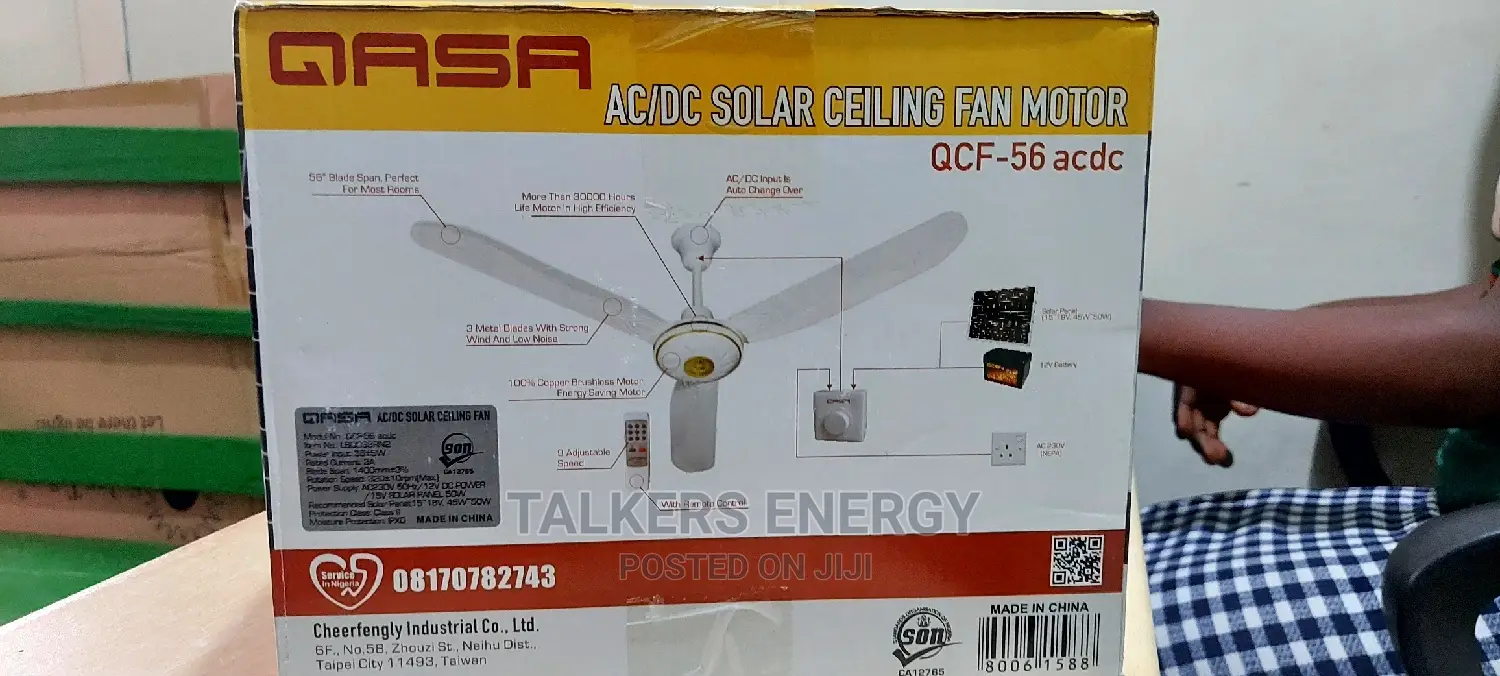 Qasa Solar Ceiling Fan 36watts 12v Ac and Dc 56inches With Remote