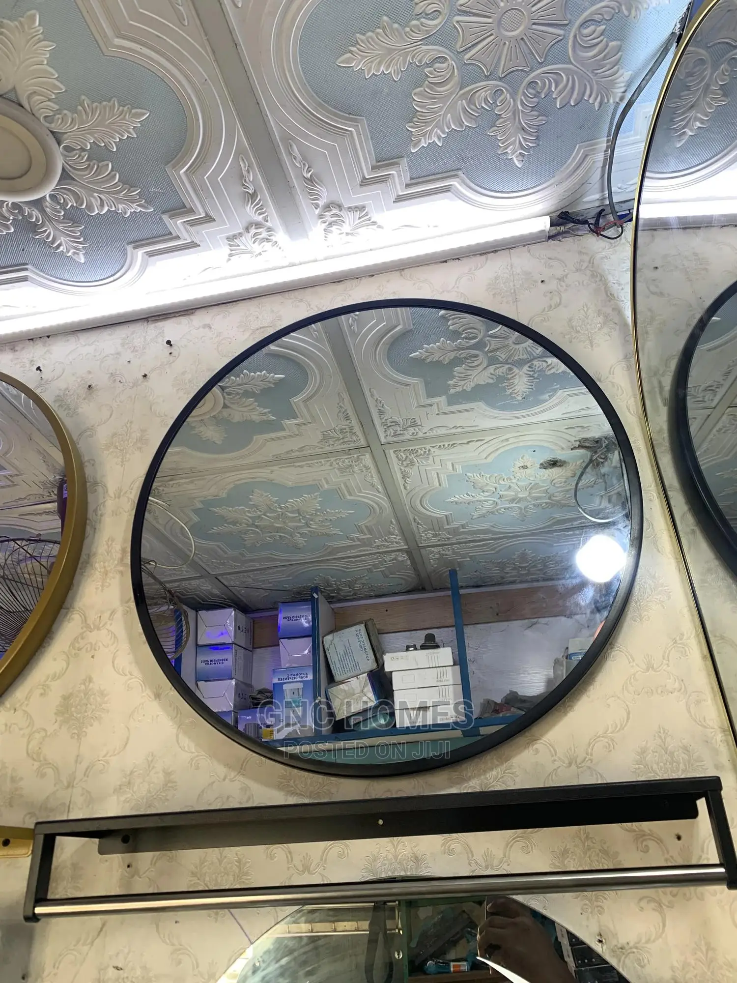Round Mirror With Black and Gold Frame