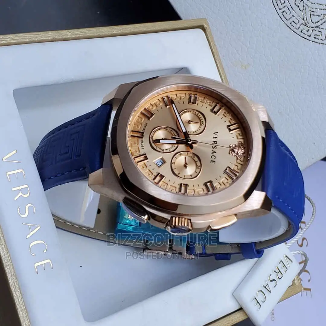 Original VERSACE Blue Leather Strap Watch Available in Store