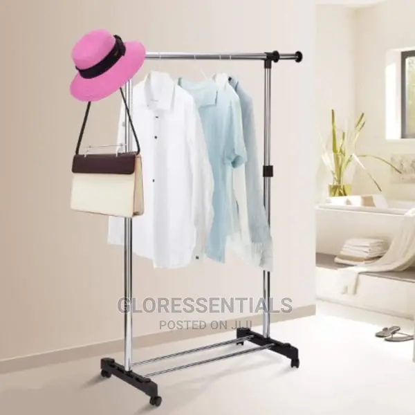 Single Pole Adjustable Height Storage Shelf 4 Hanging Cloths