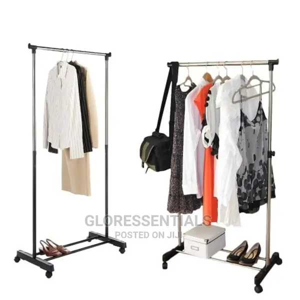 Single Pole Adjustable Height Storage Shelf 4 Hanging Cloths