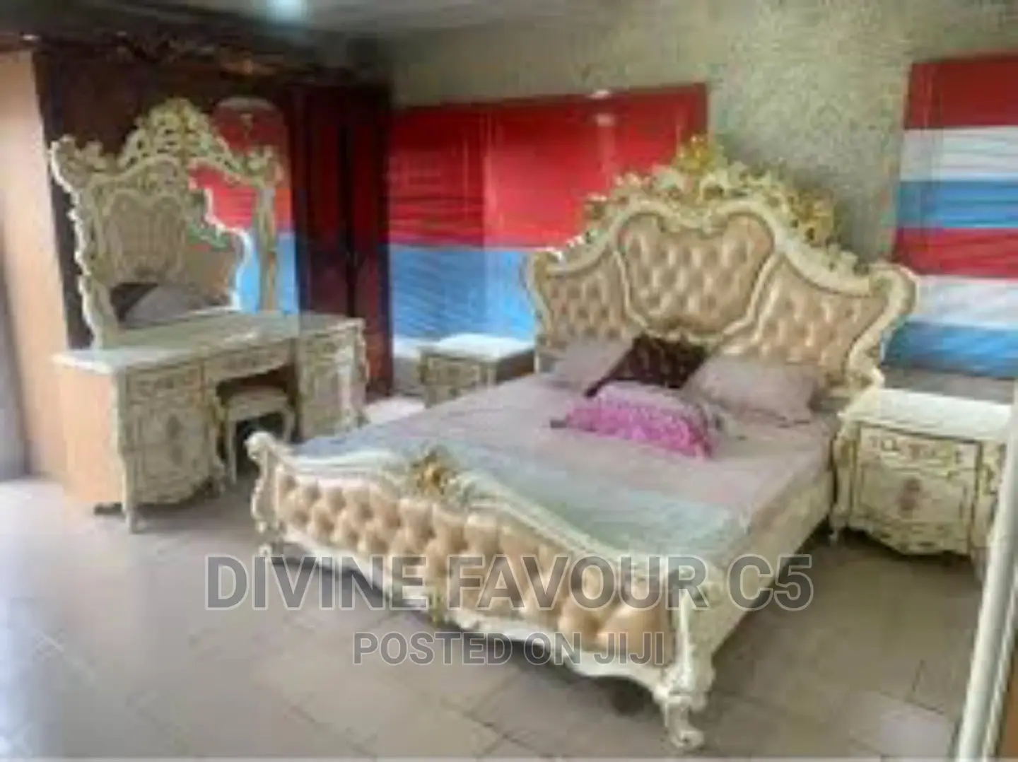 Imported Royal Bed With Drawers and Mirror Console.