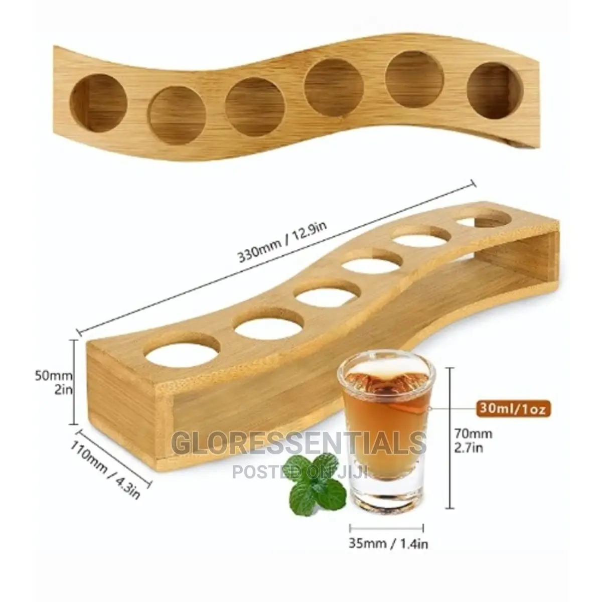 Bamboo 6 Holes Shot Stand + 6 Tequila Shot Glass Stand