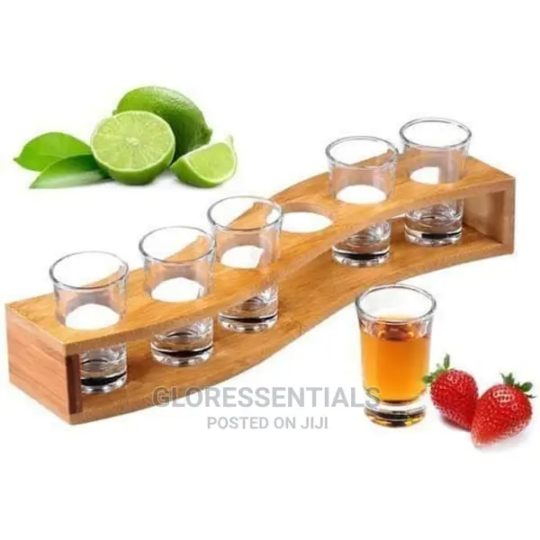 Bamboo 6 Holes Shot Stand + 6 Tequila Shot Glass Stand