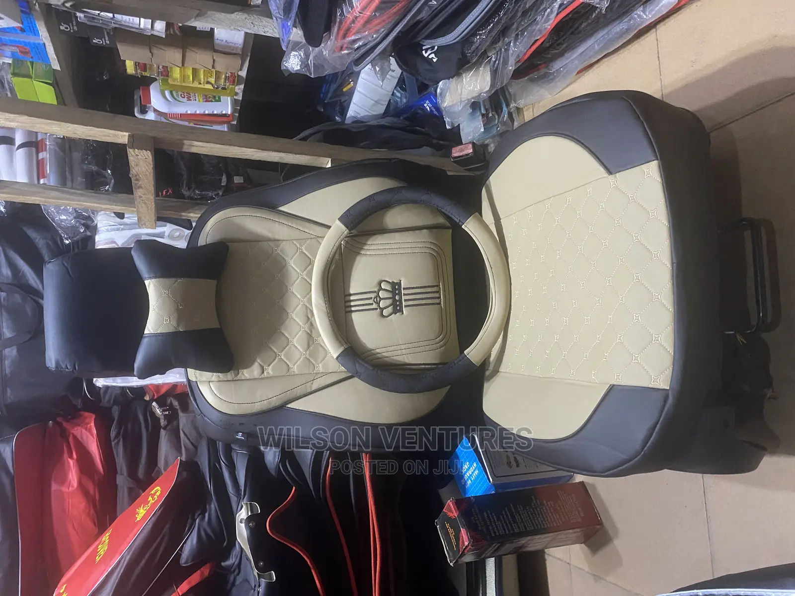 Quality Cream and Black Crown Seat Cover
