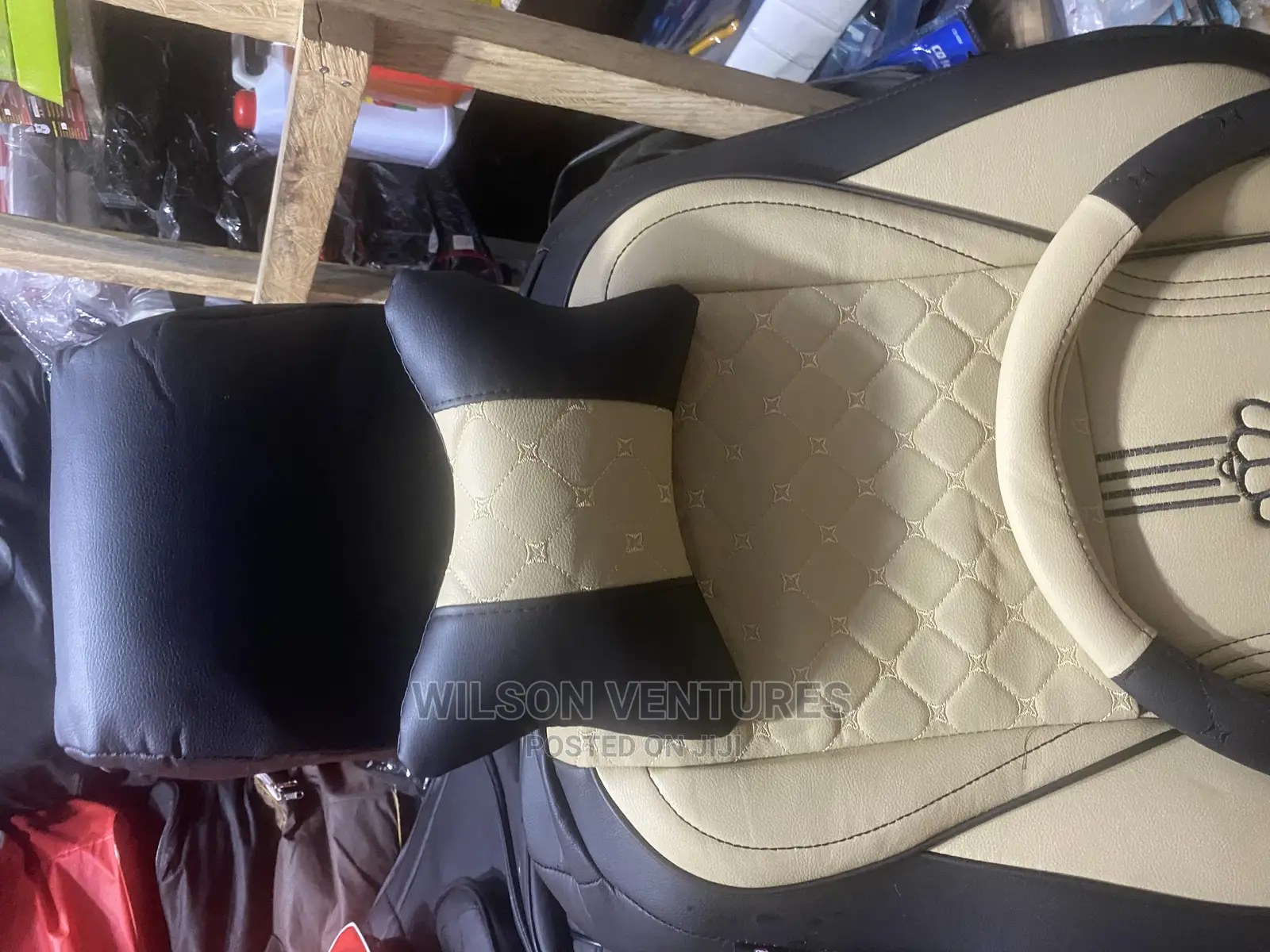 Quality Cream and Black Crown Seat Cover