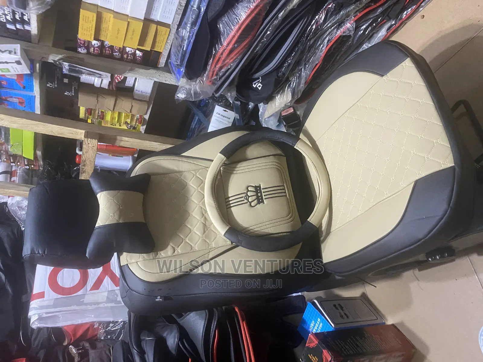 Quality Cream and Black Crown Seat Cover