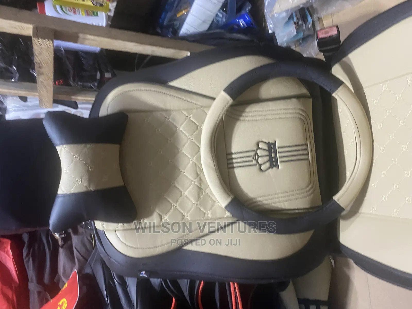 Quality Cream and Black Crown Seat Cover