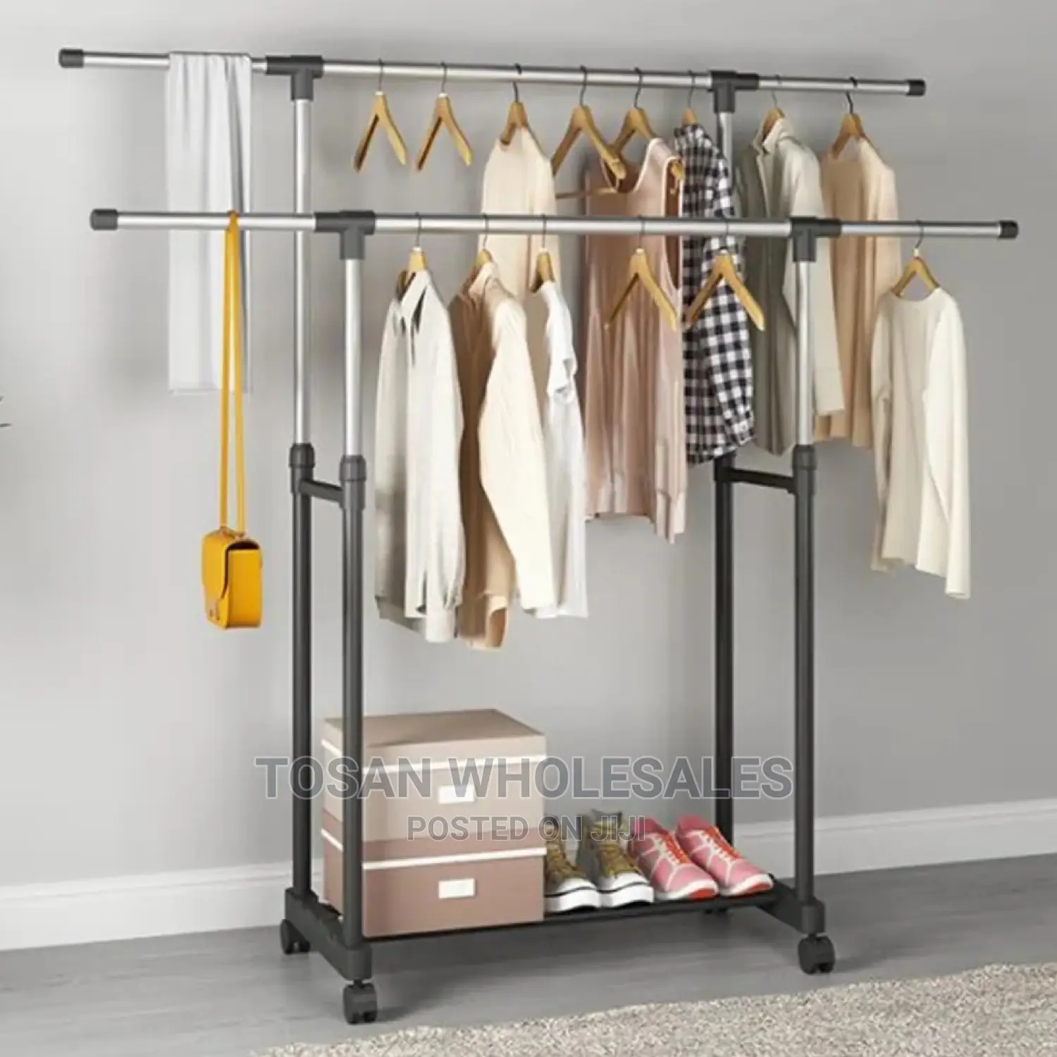 Heavy Duty Double Pole Telescopic Cloth Hanger With Wheel