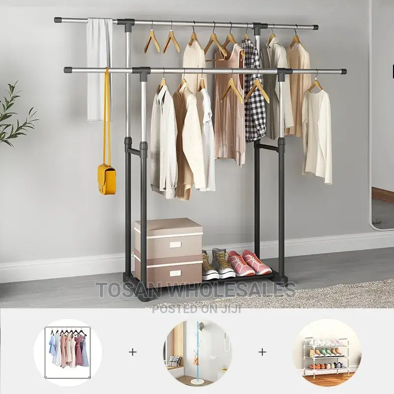 Heavy Duty Double Pole Telescopic Cloth Hanger With Wheel