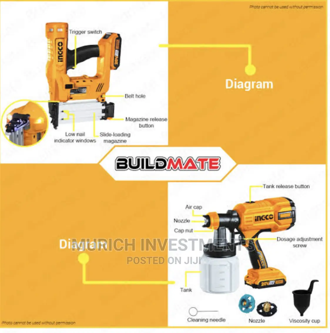 2PCS Combo Kit Set 20V Cordless Paint Spray Gun Brad Nailer