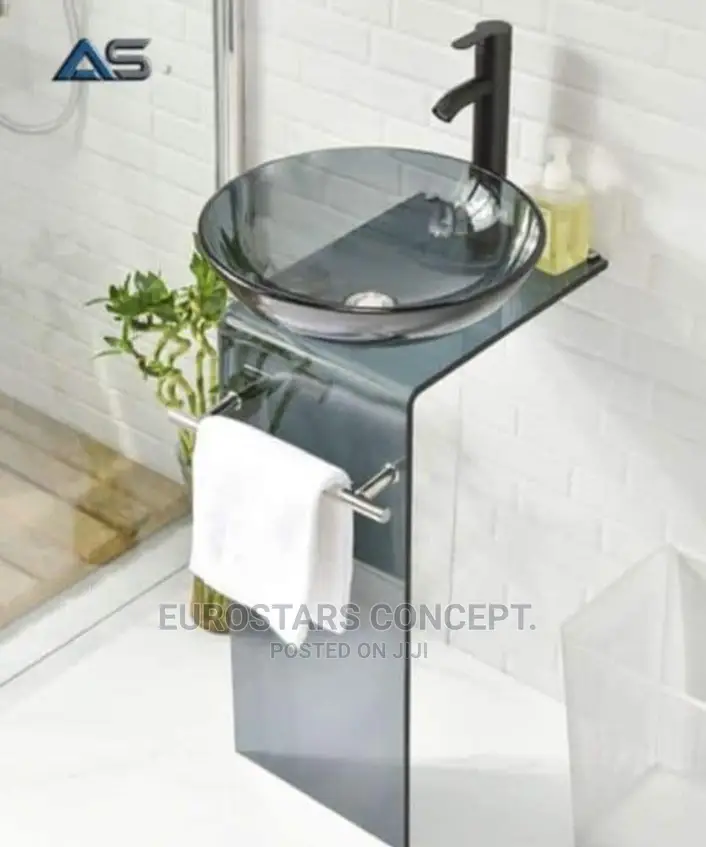 Black Glass Wash Hand Basin With Towel Hanger