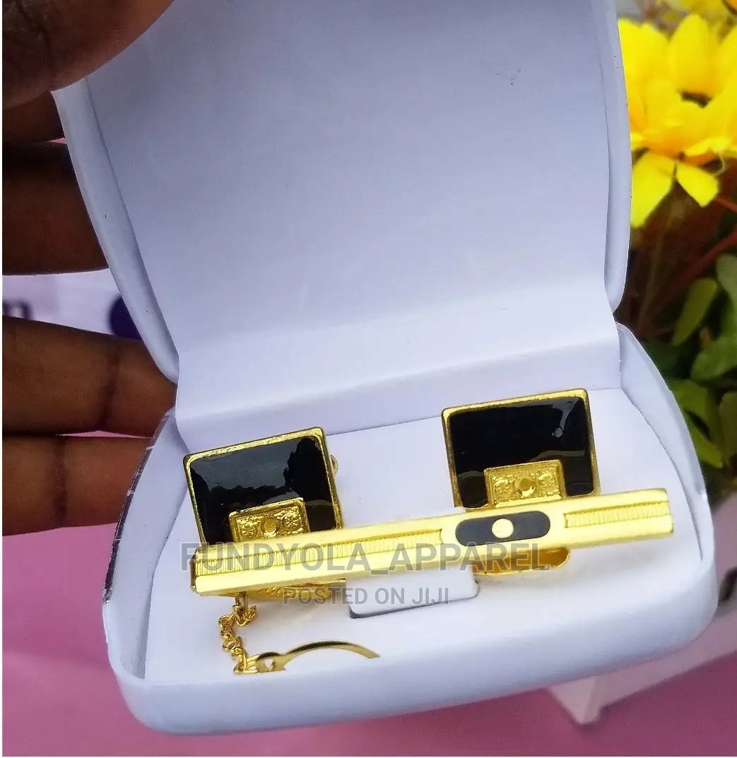 Quality Male Gold and Black Cufflinks and Clip