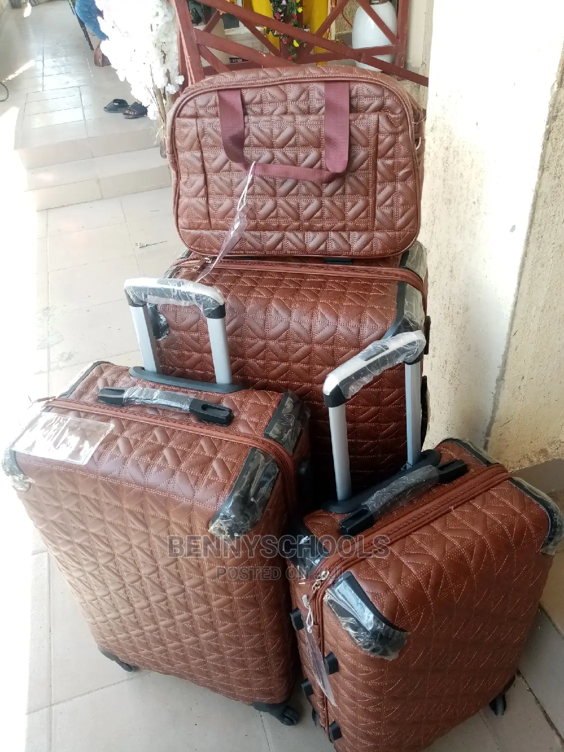 Set of 4 Draft Brown Leather Traveling Luggage Boxes