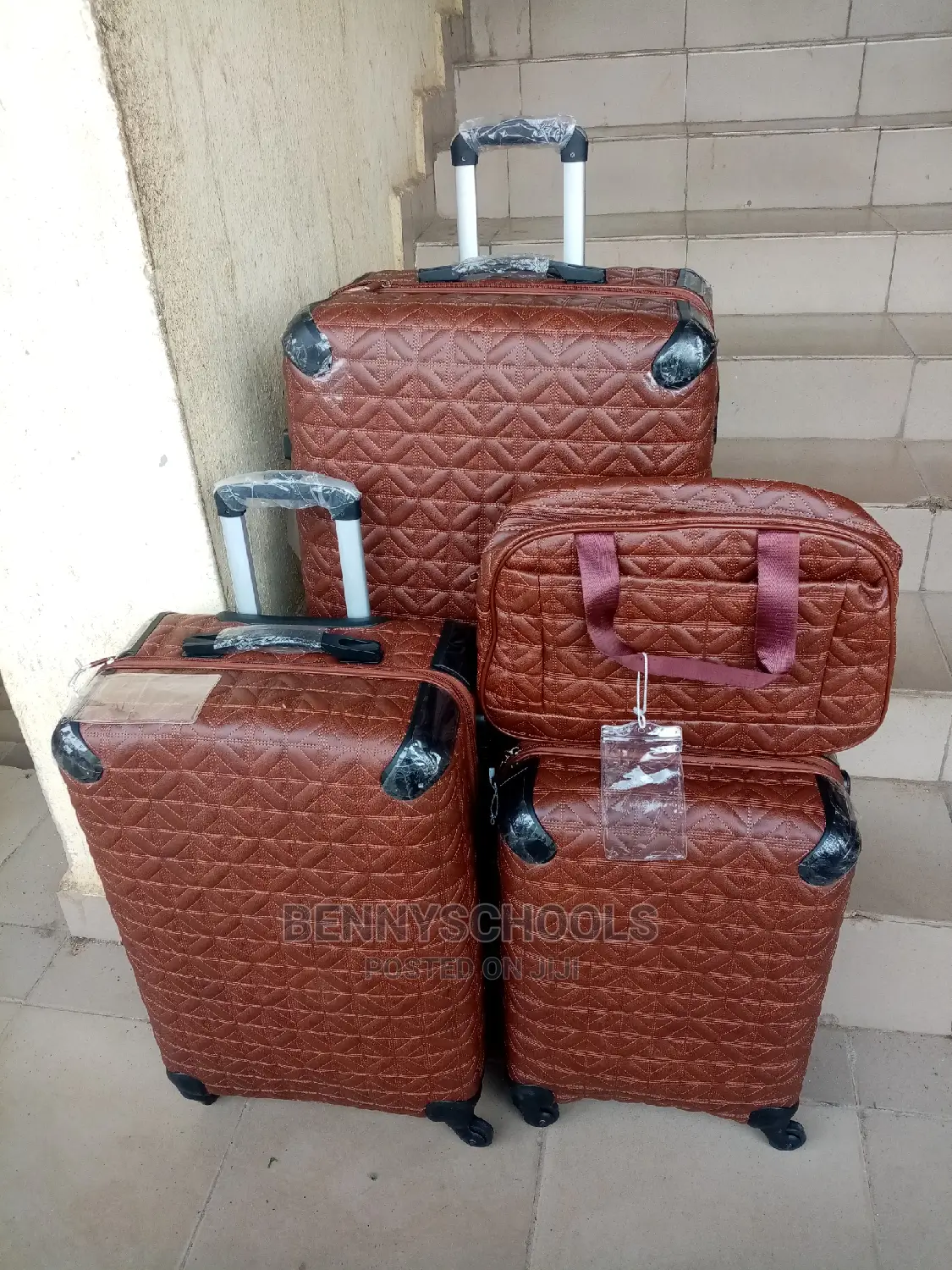 Set of 4 Draft Brown Leather Traveling Luggage Boxes