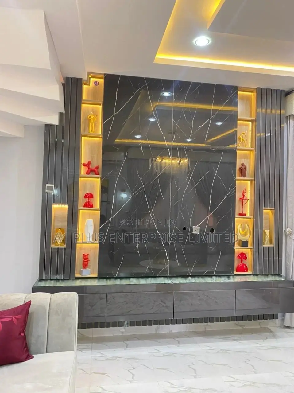Grey Marble Tv Cladding With Inner Shelving Glass Console