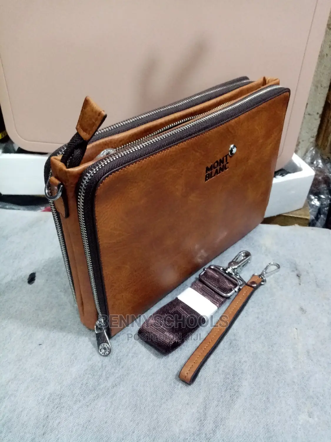 Mont Blanc Brown Leather Men's Purse With Shoulder Strap