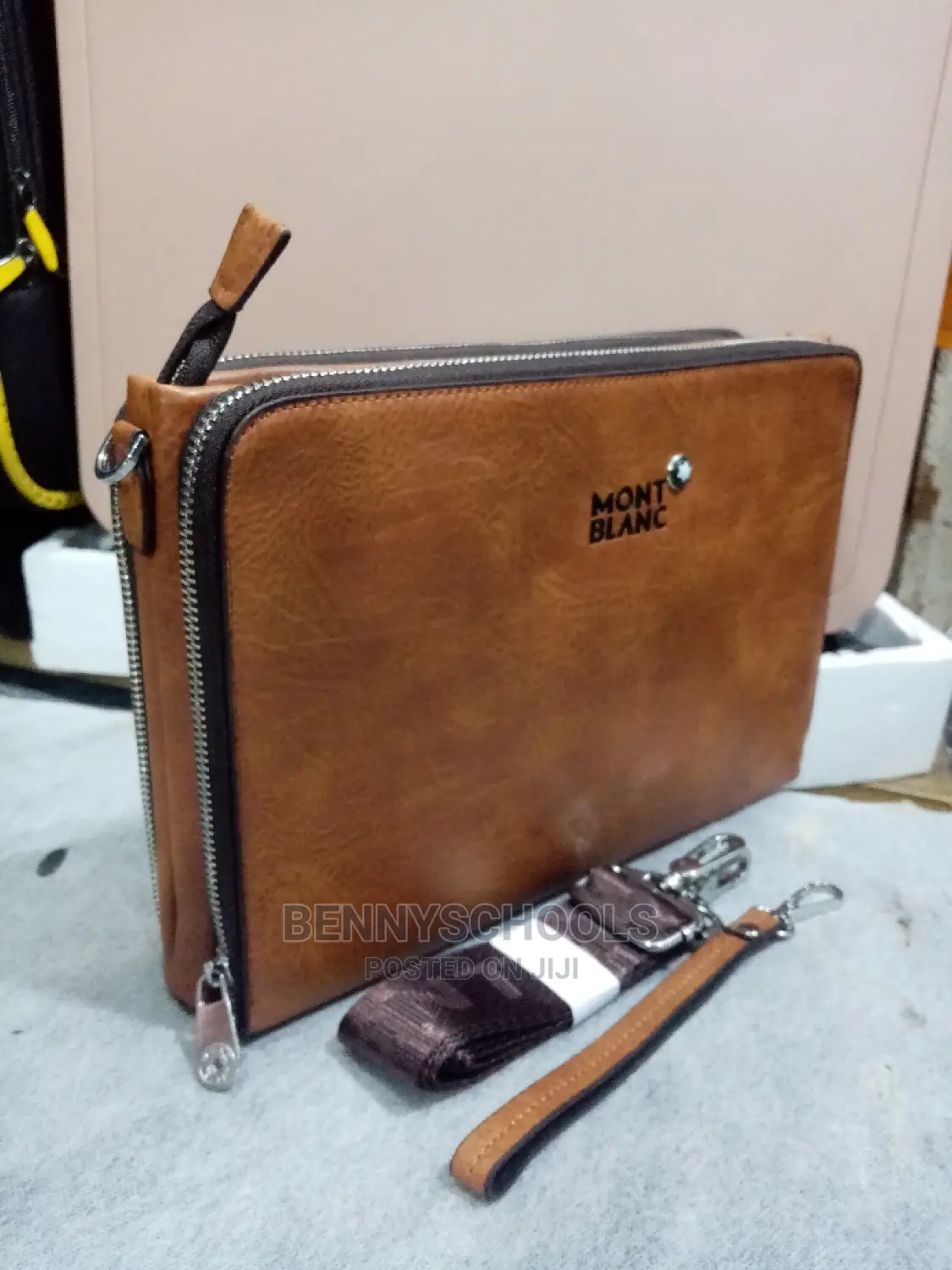 Mont Blanc Brown Leather Men's Purse With Shoulder Strap