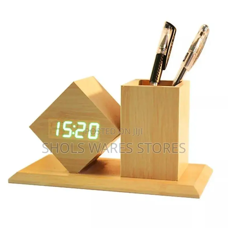 Wooden Pen Stand With Digital Clock