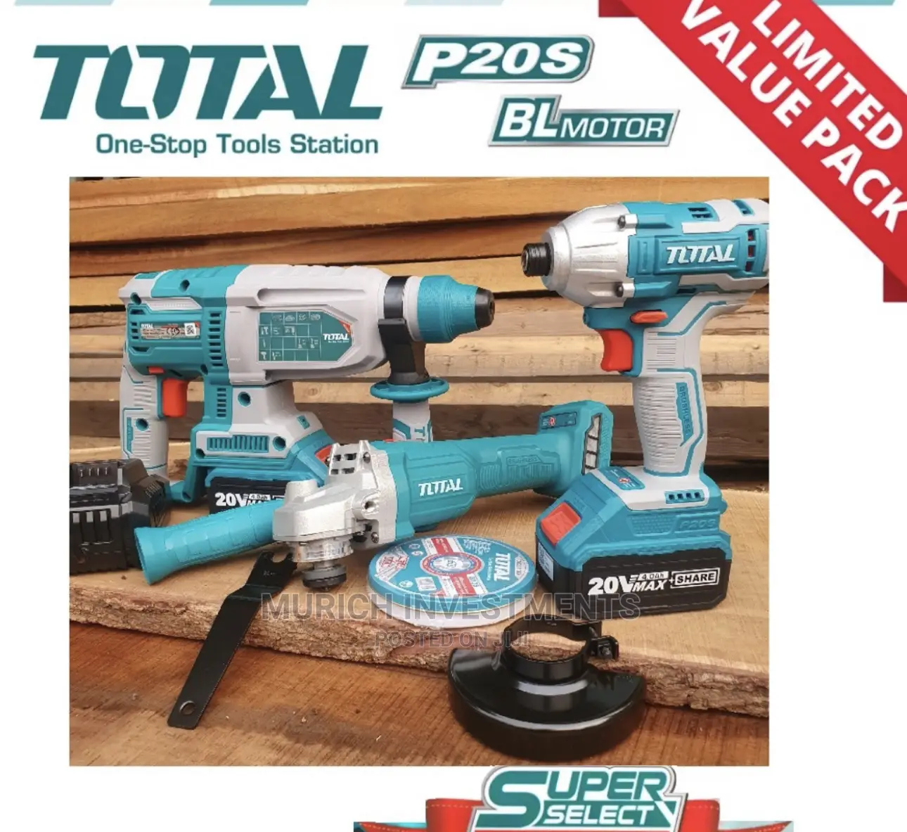 Total 3pcs Cordless 20v Li-Ion Brushless Combo Kit Set