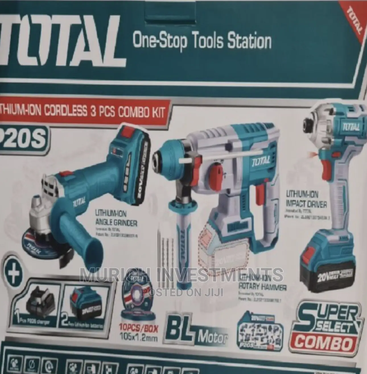 Total 3pcs Cordless 20v Li-Ion Brushless Combo Kit Set
