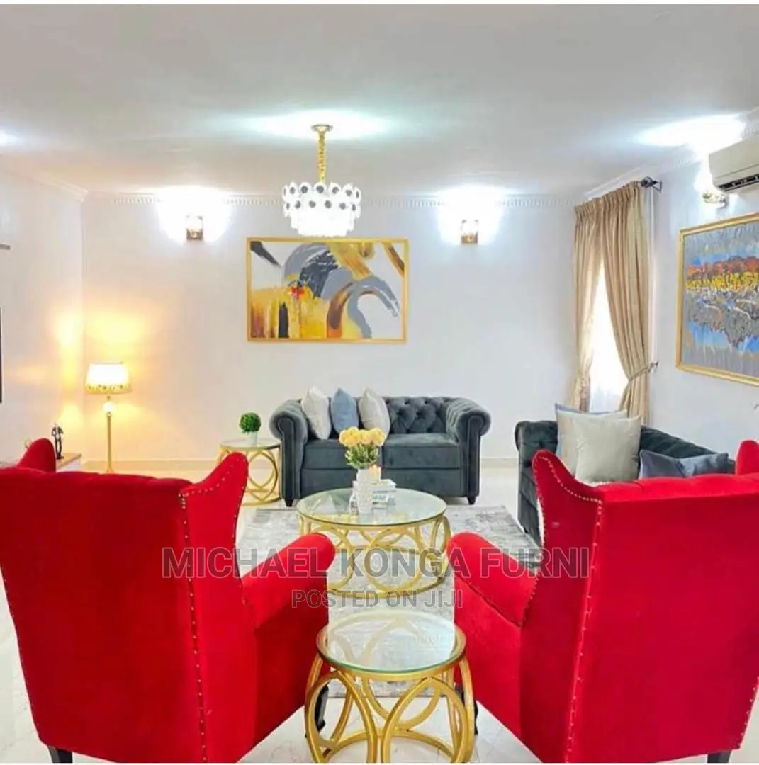 Chesterfield Sofa With Glass Center Table and Stool