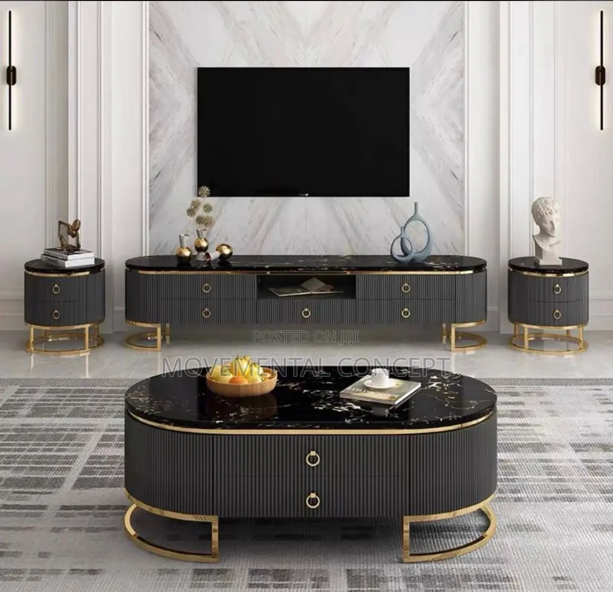 Black Marble Center Table and Tv Stand With 2 Side Tables
