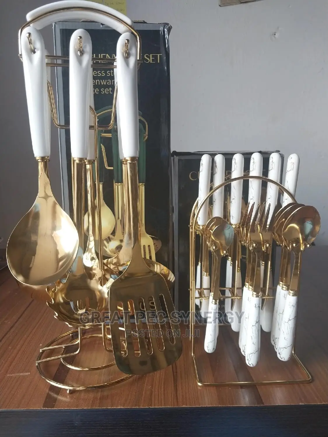 Golden Cookware Set and Cutlery Set.