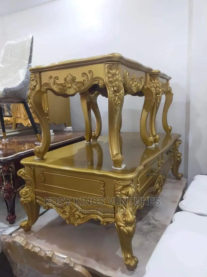 Gold Royal Center Table With Drawers and 2 Side Stools