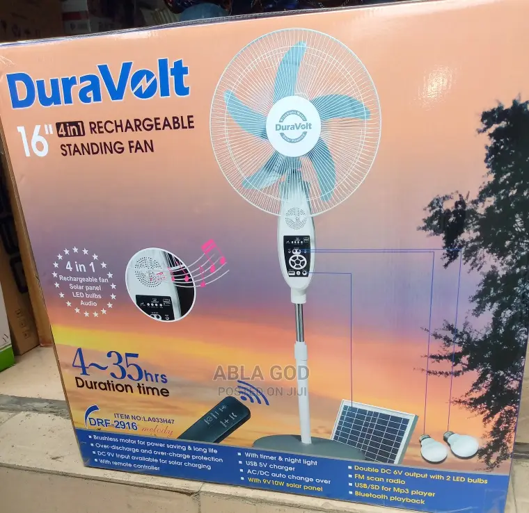 Duravolt 16 Inches Rechargeable Solar Fan With Audio.