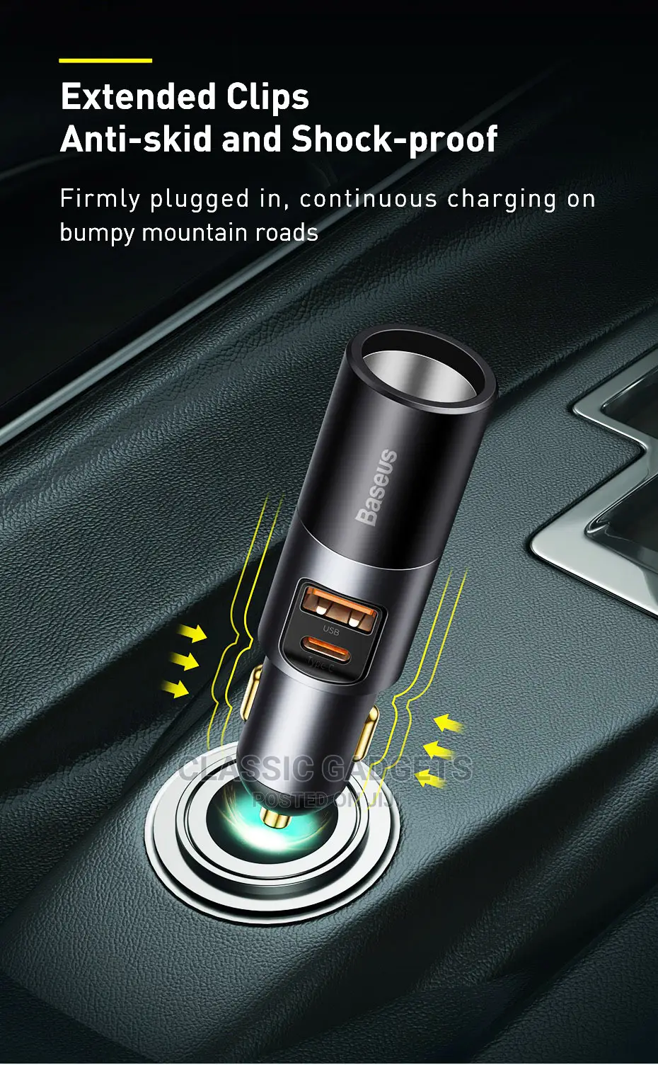 Baseus Car Charger With Cigarette Lighter Extension