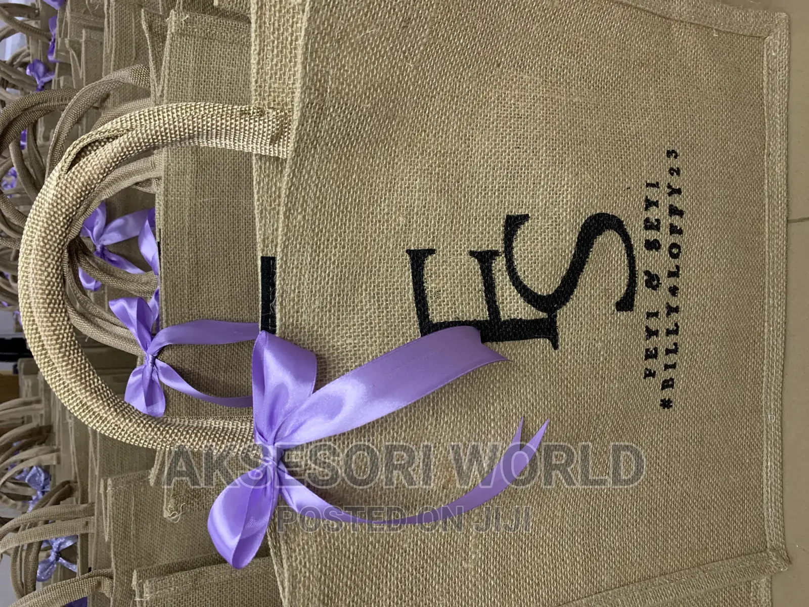 100pcs Big Jute Bag for Wedding With Printing and Ribbon