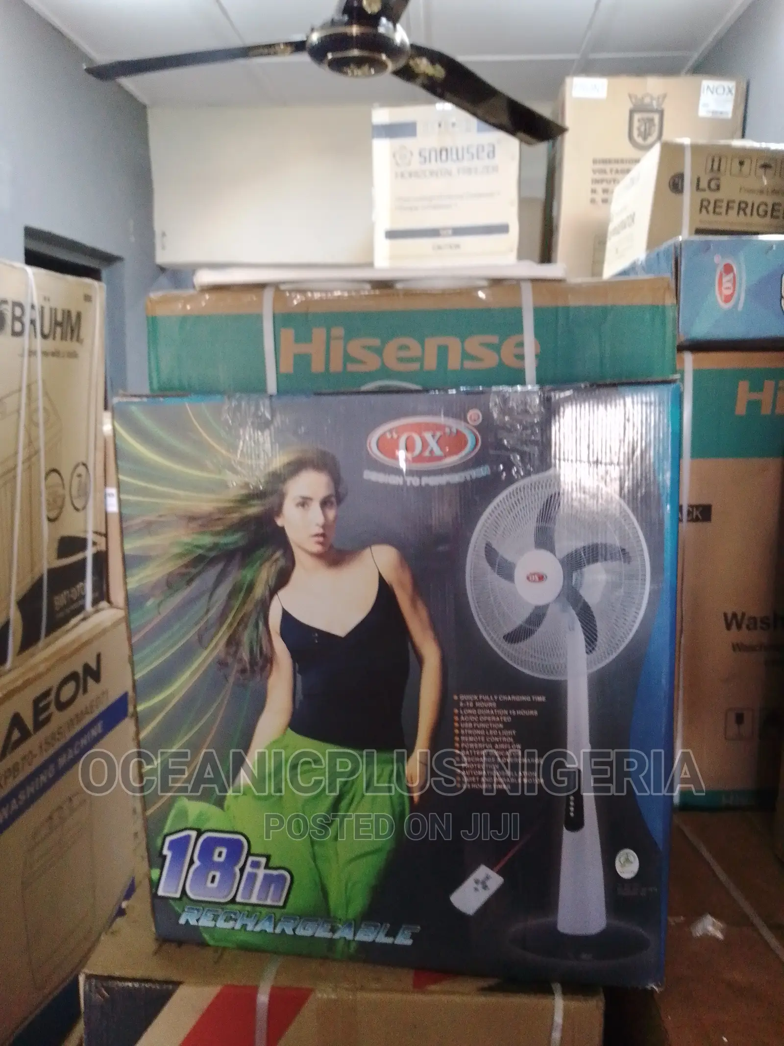Easy to Use 18-Ox Rechargeable Standing Fan | Available