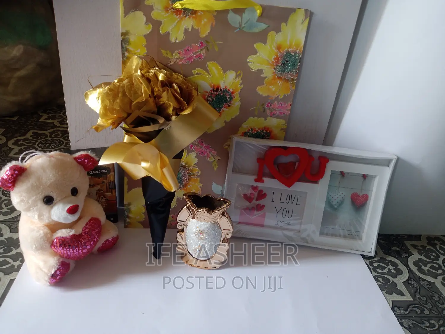 Rose Flower, Teddy, Mirror, Frame and Vase - Lovers Package