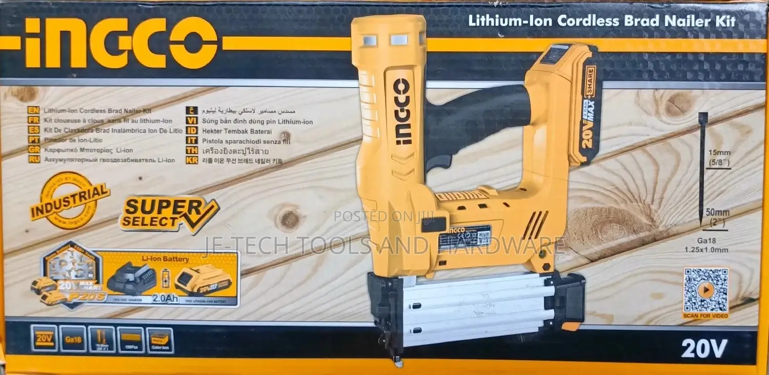 20V Ingco Cordless Brad Nailer Kit - 2X Battery and Charger