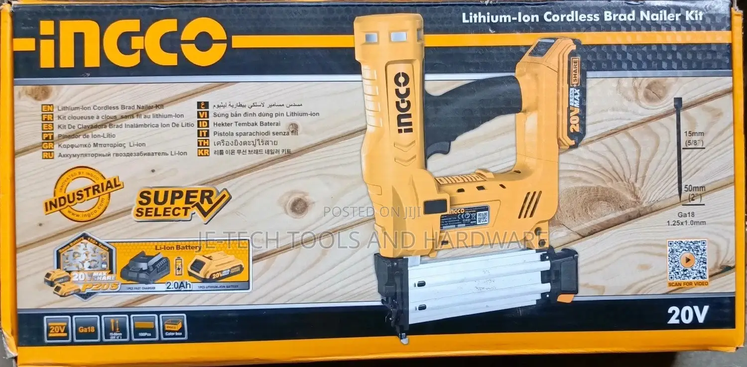 20V Ingco Cordless Brad Nailer Kit - 2X Battery and Charger
